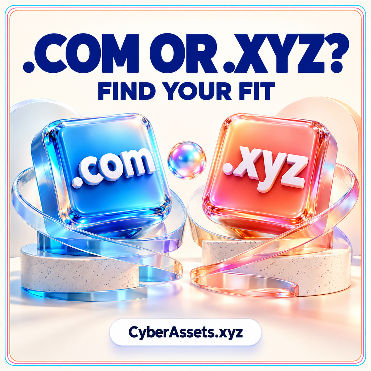 .COM OR .XYZ? Find Your Fit. Blue .com and coral .xyz glass tiles on matching pedestals, with CyberAssets.xyz branding.