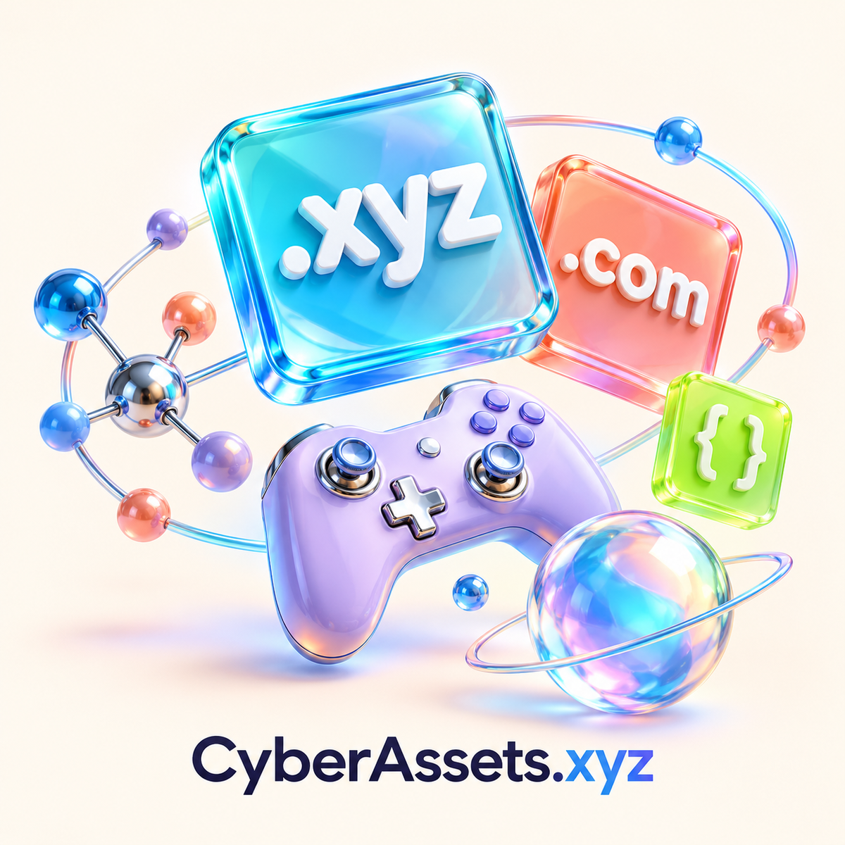 Glass .xyz and .com tiles, a lavender game controller, connected nodes, brackets, and an iridescent orb around the CyberAssets.xyz wordmark.